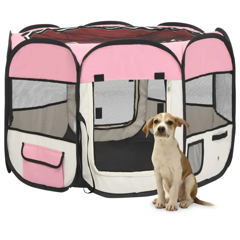 Tarc joaca pliabil caini cu sac de transport roz 90x90x58 cm