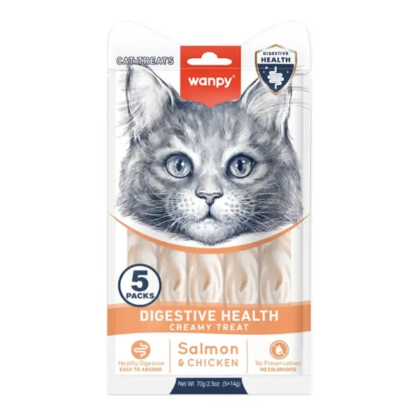 WANPY Creamy Digestive Health, Somon și Pui, punguță recompense funcționale pisici, sistem digestiv, (piure), 70g
