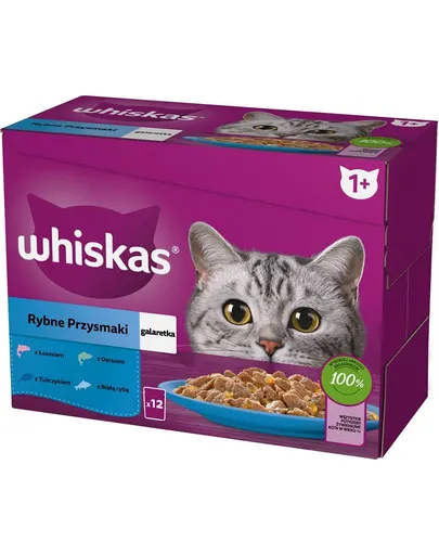 WHISKAS hrana in aspic pentru pisici 12x85g Delicatese din peste alb, cod, somon, ton