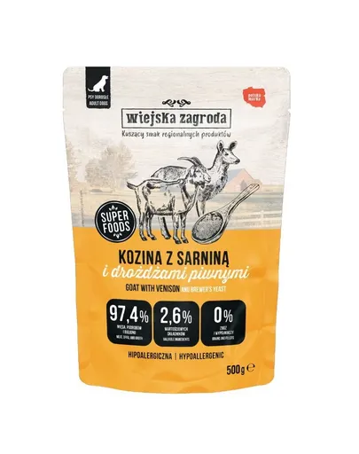 WIEJSKA ZAGRODA Duo cu capră și carne de căprioară hrană umedă pentru câini 500 g