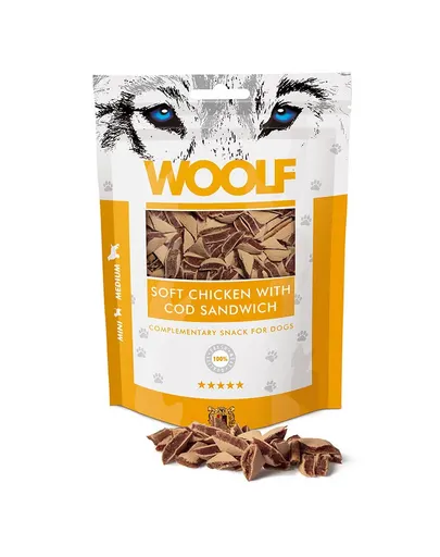 WOOLF Soft Chicken With Cod Sandwich 100g tartine moi cu pui si cod, pentru caini