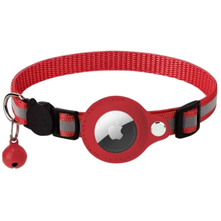 Zgarda animale pentru Airtag, Reflectorizanta, Clopotel, Textil, Rosu Engros