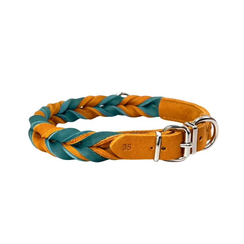 Zgarda din piele BICOLORA - bej/turcoaz - 45 cm - 25 mm